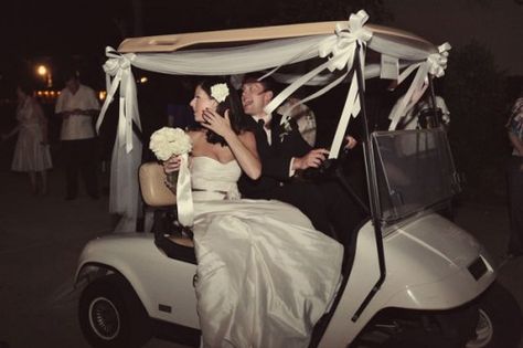 Wedding Golf Cart Decorations, Golf Cart Wedding Exit, Just Married Golf Cart, Wedding Golf Cart, Wedding Cart, Golf Cart Decorations, Camp Bach, Wedding Golf, Benny Goodman