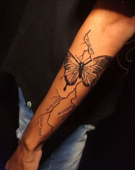 Fill In Tattoo Ideas Sleeve Negative Space, Arm Tattoos With Butterflies, Tattoos For Masculine Women, Forearm Men Tattoos, Survivor Tattoo Ideas, Mens Butterfly Tattoo, Half Sleeve Tattoos Sketches, Memorial Tattoo Ideas, Cute Simple Tattoos