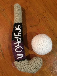 The crochet solution: Crocheted Field Hockey Stick and Ball Crochet Rugby Ball Pattern Free, Hockey Crochet Patterns, Crochet Hockey Stick, Crochet Hockey Hat Pattern, Hockey Diy, Field Hockey Gifts, Hockey Ornaments, Field Hockey Sticks, Crochet Football