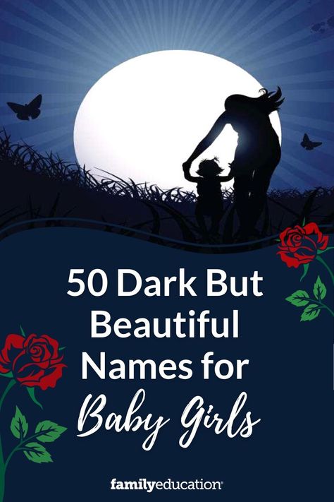 If you like all things witchy, dark, and maybe a little Gothic, this is the list of beautiful baby girl names for you. #babynames Goth Girl Names List, Evil Female Names, Names That Mean Black, Goth Names Girl, Apocalypse Names, Dark Feminine Names With Meaning, Beautiful Words With Dark Meanings, Names Meaning Darkness, Female Names With Dark Meanings