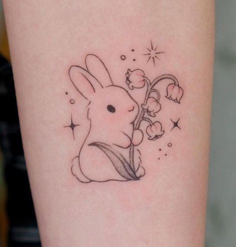 Rabbit And Flower Tattoo, Rabbit Flower Tattoo, Super Cute Tattoos, Bunny Flower Tattoo, Fairy Bunny Tattoo, Seoul Hongdae, Water Lily Tattoos, Tattoos Colorful, Pikachu Tattoo