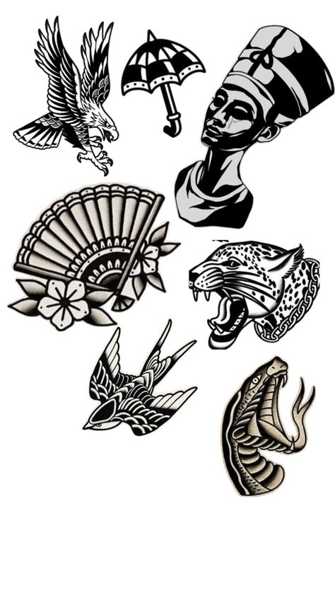 Traditional Tattoo Gap Fillers, Traditional Leg Sleeve, Tatuajes Old School, Traditional Tattoo Filler, Small Dope Tattoos, Leg Sleeve Ideas, Traditional Tattoo Stencils, Traditional Tattoo Drawings, Traditional Black Tattoo