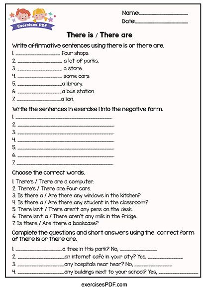 Write affirmative sentences using There is or There are Tenses Exercises, English Grammar Exercises, English Grammar For Kids, Simple Past Tense, Grammar For Kids, Grammar Exercises, English Exercises, Learning English For Kids, Learn English Grammar