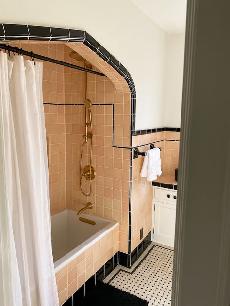 ✨📣✨ Project Spotlight ✨📣✨ on this 1932 Tudor home bathroom restoration! When faced with the prospect of a full remodel after encountering a major plumbing issue, our clients took the opportunity to recreate how their bathroom would have looked in its heyday.  Ready to start your own restoration journey? Schedule a free phone consultation today!   #HeritageTile #tile #designinspo #subwaytile #bathroominspo #bathroomremodel #historicrestoration #remodel #boldbathrooms #restoration Vintage Shower Tile, Pink Subway Tile, Black Tile Bathroom, Aesthetic Bathrooms, Period Bathroom, 1920s Bathroom, Pink Tile Bathroom, Bathroom Restoration, Black Tile Bathrooms