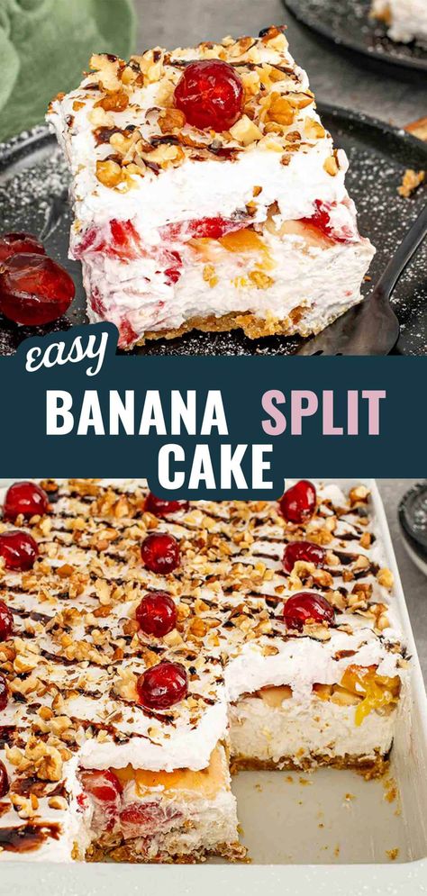 Indulge in this No-Bake Banana Split Cake! Creamy layers, fresh fruit, and a graham cracker crust make this dessert irresistible. Perfect for any occasion! #BananaSplitCake #NoBakeDessert #EasyRecipes #SweetTreats #SummerDesserts #DessertLovers Summer Deserts Ideas No Bake, Summer Cookout Desserts, Banana Split Cake Recipe, Cake No Bake, Cookout Desserts, Icebox Cakes, Bake Banana, Banana Split Cake, Split Cake