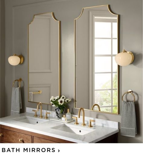 Heirloom-Quality Lighting, Hardware & More | Rejuvenation Bathroom One Light Two Mirrors, Double Frame Mirror, Gold Trim Mirror Bathroom, Large Mirror Above Bathroom Vanity, Large Mirror Over Double Vanity, Double Vanity With Large Mirror, Large Mirror Double Vanity, Double Sink Single Mirror, Big Bathroom Mirror Ideas