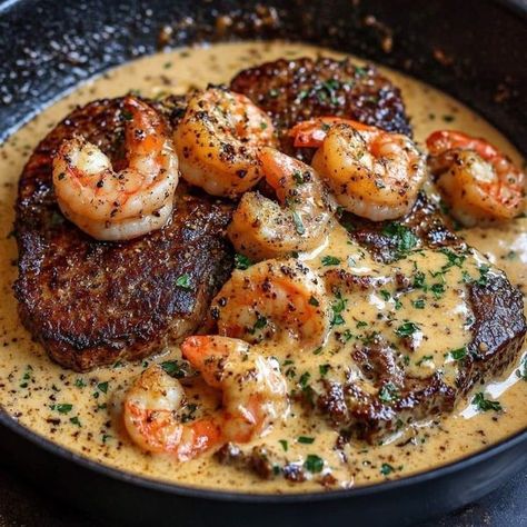 Grandma's Recipes | Steak in Creamy Cajun Shrimp Sauce | Facebook Steak And Seafood Recipes, Birthday Dinner Meals, Steak And Shrimp Dinner Ideas, Upscale Recipes, Carla Hall Recipes, Savory Food Recipes, Dinner Meals For Two, Creamy Cajun Shrimp Sauce, Cajun Shrimp Sauce