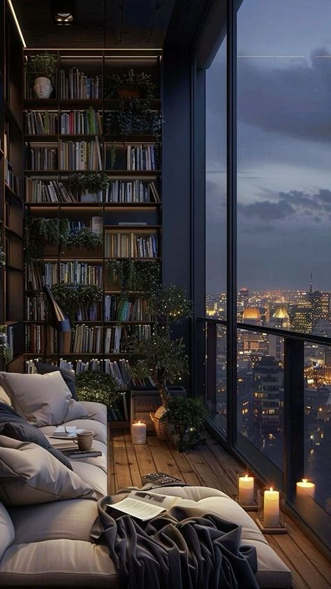 Penthouse Library Room, Library In Home Aesthetic, Inside Summer House Ideas, Bangunan Aesthetic, Study With A View, Summer House Ideas, Reading Place, Cosy Reading, House Ideas Exterior