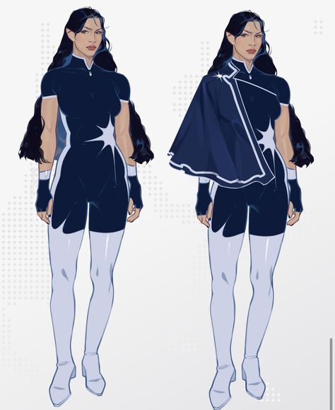 Feminine Superhero Suit, Moon Superhero Suit Female, Nature Superhero Suit, Super Hero Outfit Ideas, Ice Hero Costume Design, Capes Drawing, Water Superhero Outfit, Super Suit Concept Art, Blue Hero Costume