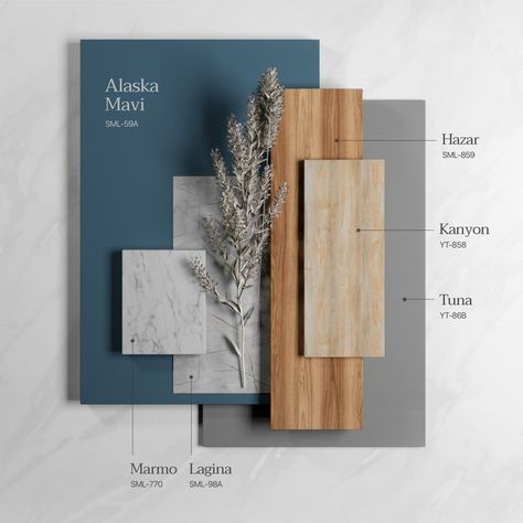 Light Grey And Blue Color Palette, Material Board Layout, Color Palette Home Interior, Material Board Interior Design, Interior Design Color Palette, Natural Modern Interior, Blue Mood Board, Interior Design Blue, Blue And Wood