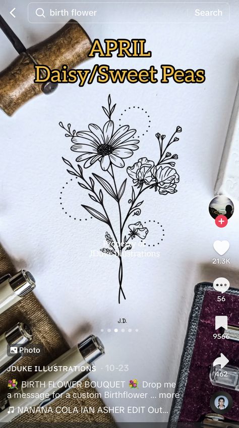 Daisy And Sweat Pea Tattoo, Sweat Pea Tattoo, Sweet Pea Tattoo, Daisy Flower Tattoos, Lillies Tattoo, Flower Bouquet Tattoo, Rose Flower Tattoos, Small Girly Tattoos, Remembrance Tattoos