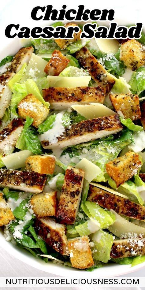 This Chicken Caesar Salad features perfectly seasoned chicken and crisp romaine lettuce, topped with buttery parmesan and crunchy croutons. Everything gets tossed with homemade dressing that takes this salad to the next level of deliciousness. Chicken Seasoning For Caesar Salad, Best Chicken For Salads, Chicken Parmesan Salad, Caesar Salad With Chicken, Easy Salad Recipes For Dinner, Ceasar Salad Wrap Recipe, Cesar Chicken Salad, Chicken Cesear Salad Dinner, Chicken For Caesar Salad