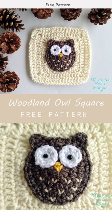 Woodland Granny Square Crochet, Owl Afghan Pattern Crochet, Crochet Granny Square Animals Free Patterns, Crochet Fall Leaf Granny Square, Animal Squares Crochet, Animal Crochet Granny Squares, Owl Granny Square Pattern Free Crochet, Themed Granny Squares, Animal Crochet Squares