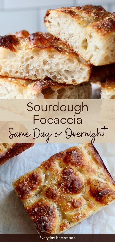 Make the best Sourdough Focaccia with this simple recipe! Using active starter or discard, this focaccia bread can be made the same day or overnight. With just 5 ingredients, it's easy to customize your toppings. Enjoy crispy, fluffy bread that's the perfect side dish for fall dinners and soup. Sourdough Discard Focaccia, Sourdough Focaccia Recipe, Foccacia Recipe, Easy Sourdough Bread Recipe, Sourdough Focaccia, Using Sourdough Starter, Recipe Using Sourdough Starter, Focaccia Bread Recipe, Sourdough Bread Starter