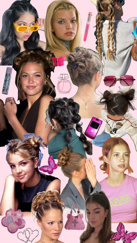 2000s hair inspo! #2000s #2000saesthetic #aesthetic #y2k #y2kaesthetic #y2khair #2000shair #hairinspo #partythemes #college 2000s Party Outfits, 2000 Hairstyles, 00s Party, 2000s Hair, 2000s Hairstyles, Y2k Party Outfit, 90’s Hairstyles, Y2k Hair, Y2k Hairstyles