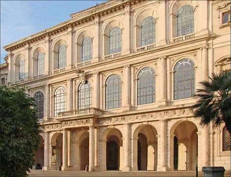 Rome: Palazzo Barberini - ~Maderno, Borromini, Bernini - 1627-1633 The main block presents three tiers of great arch-headed windows, like glazed arcades, a formula that was more Venetian than Roman. On the uppermost floor, Borromini's windows are set in a false perspective that suggests extra depth. Piazza Barberini, Gian Lorenzo Bernini, Arcology, Lorenzo Bernini, Rome Attractions, Divine Providence, Villas In Italy, Italian Baroque, Italian Architecture