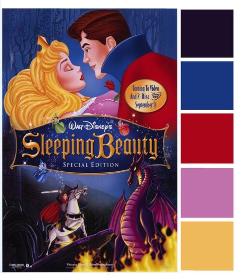 Today’s Poster Palette features a princess close to my Disneyland-loving heart – yes, it’s Sleeping Beauty! This Sleeping Beauty poster features a lot of rich colors – the dark purple of Malificent, the royal blue and red of Prince Philip’s cape, the pretty pink of Aurora’s dress, and a glittering gold to match her crown. … Disneyland Color Palette, Sleeping Beauty Color Palette, Mother Gothel Color Palette, Beauty And The Beast Color Pallet, Color Palette Fairy Tale, Disney Princess Color Palette, Sleeping Beauty Movie, Sleeping Beauty Wedding, Beauty Posters