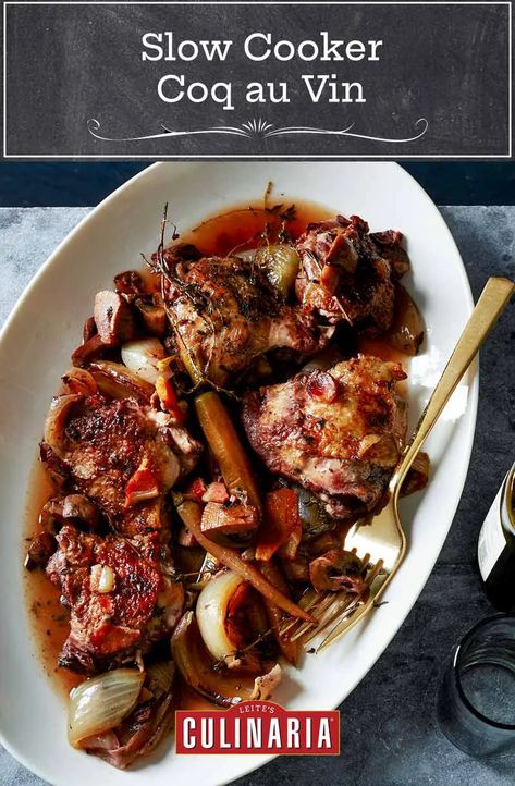 Coq Au Vin Slow Cooker, Slow Cooker Coq Au Vin, Coq Au Vin Recipe, Slow Cooker Chicken Thighs, Classic French Dishes, Red Wine Sauce, Food Critic, Supper Recipes, Wine Sauce