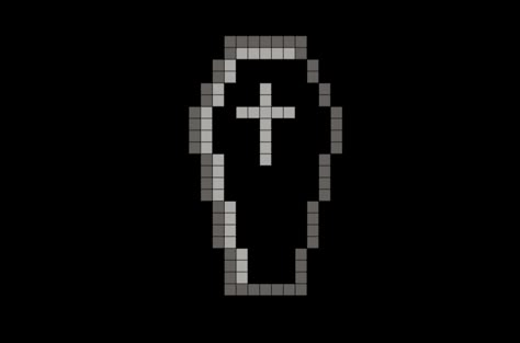 Black Coffin Pixel Art from BrikBook.com #Black #Coffin #Scary #Halloween #pixel #pixelart #8bit Shop more designs at http://www.brikbook.com Acnh Coffin Design, Pixelated Art Easy, Coffin Cross Stitch, Coffin Pixel Art, Grim Reaper Pixel Art, Pixel Halloween Art, Bat Pixel Art, Emo Pixel Art, Scary Pixel Art