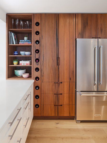 Mcm Wine Rack, Two Tone Walnut Kitchen Cabinets, Walnut Kitchen Cabinets, Home Design Kitchen, Florida Kitchen, Mcm Kitchen, Walnut Kitchen, Kitchen Seating, Mid Century Modern Kitchen