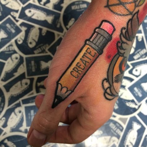 Traditional style pencil tattoo with a word ‘create’ on it Hand Tattoo Ideas For Men, Inked Guys, Hand Tattoo Ideas, Pencil Tattoo, Tattoo Ideas For Men, My Tattoo, Hand Tattoo, Tattoo Ideas, Pencil