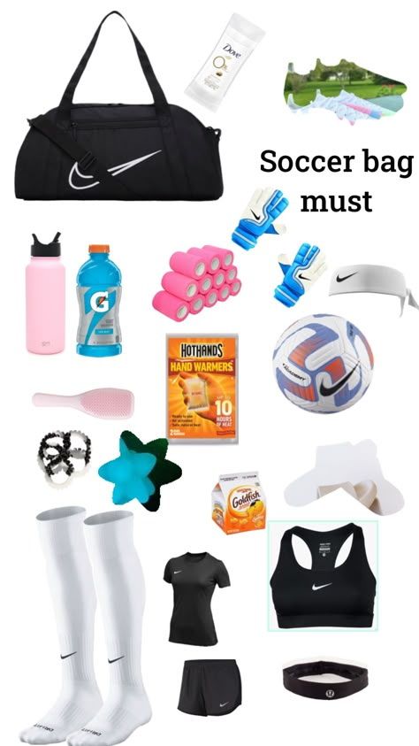 Soccer Essentials Girls Products, What To Pack In Your Soccer Bag, Soccer Bag Checklist, What’s In My Soccer Bag, Soccer Bag Essentials, Soccer Fits, Sports Bag Essentials, Soccer Essentials, Hockey Outfits