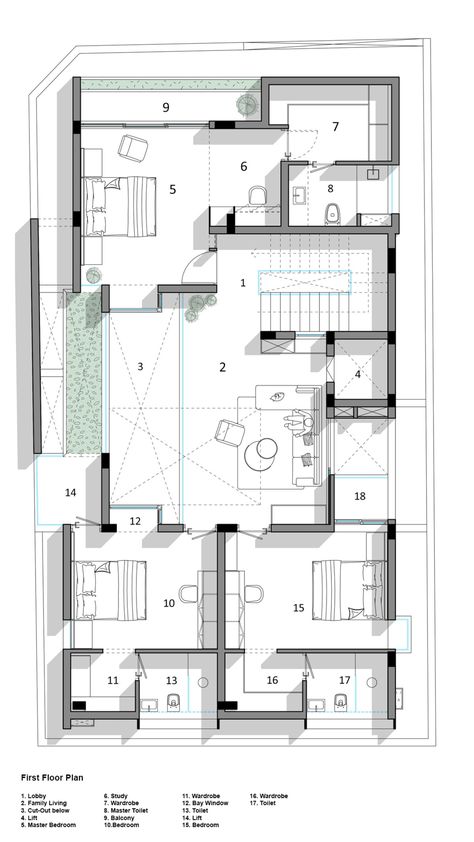 One Ground Home by Shanmugam Associates Modern Villa Floor Plan, First Floor House Design, Floor Plan Presentation, Floor Plan With Elevation, 1800 Sq Ft House Plans, Residential Floor Plan, Residence Design, House Architecture Styles, First Floor Plan