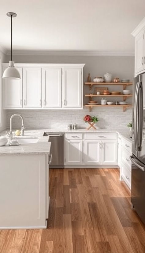 19 Flooring Ideas That Perfectly Match White Kitchen Cabinets - DIYCozy: Nails, Decor, DIY, Gardening, Holidays White Cabinets With Dark Wood Floors, Flooring For White Kitchen Cabinets, Kitchen Floor White Cabinets, Kitchen Floor With White Cabinets, Farmhouse Kitchen Flooring, Kitchen Cabinets Grey And White, Kitchen With White Cabinets, Designing A Kitchen, Dark Floors