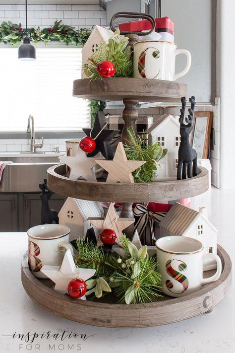 Three Tiered Tray, Tray Decor Christmas, Christmas Tray, Kitchen Diy Makeover, Indoor Christmas Decorations, Indoor Christmas, Farmhouse Christmas Decor, Christmas Kitchen, Neutral Decor