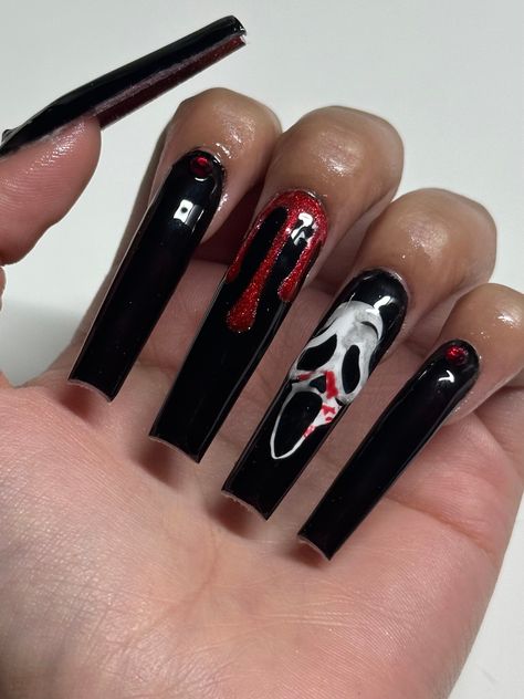 Please read!!  scream inspired nails  I made this set in 2023 with a glitter red bottom but this year it'll be a solid red bottom if you want it glitter let me know and I'll do it    Note that your set won't be an exact copy as the one in the picture since they're all hand painted.  If you choose shape medium coffin, extra long coffin, and extra long stiletto please enter your size in millimeters.  Included in package:                                               -10 piece set Red And Black Halloween Nails, Nails Black And Red, Blood Drip Nails, Ghost Face Nails, Halloween Nails Spooky, Black And Red Nails, Bottom Nails, Movie Nails, Red Bottom Nails