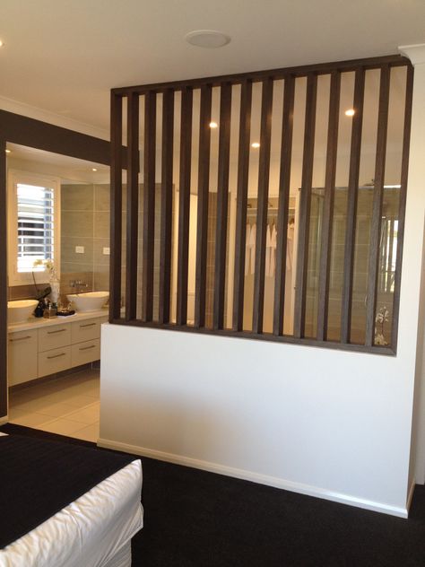 Entry Way Half Wall Divider, Timber Slat Wall Divider, Nib Wall Living Rooms, Wood Slat Pony Wall, Slatted Half Wall, Slatted Wall Room Divider, Timber Partition Wall, Pony Wall Update, Vertical Wood Slat Half Wall