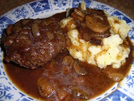 Natashaskitchen | Hamburger Steaks With Onion Gravy 😋 | Facebook Hamburger Steaks With Onion Gravy, Tacos Soup, Hamburger Steak And Gravy, Hamburger Steaks, Pork Chops And Gravy, Gravy Ingredients, Smothered Pork Chops, Hamburger Steak, Onion Gravy