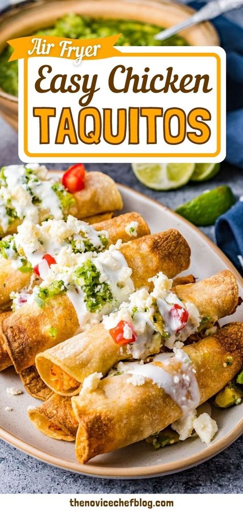 Crispy Air Fryer Chicken Taquitos are quick, easy, and fun! Small corn tortillas are wrapped around creamy, spicy chicken, then fried without the guilt in the air fryer. Air Fryer Chicken Taquitos, Easy Air Fryer Chicken, Food Combinations, Chicken Taquitos, Lost 100 Pounds, Chicken Fajita, Cheap Healthy Meals, Air Fryer Recipes Chicken, Easy Air Fryer