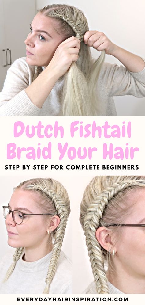 Dutch fishtail braids Fishtail Dutch Braid Tutorials, Diy Fishtail Braid, Fishtail Braid Hairstyles Tutorials, Fishbraid Hairstyles, How To Fishtail Braid Your Own Hair, How To Do A Fishtail Braid, Dutch Fishtail Braid Tutorial, Double Dutch Fishtail Braid, Fishtail Dutch Braid