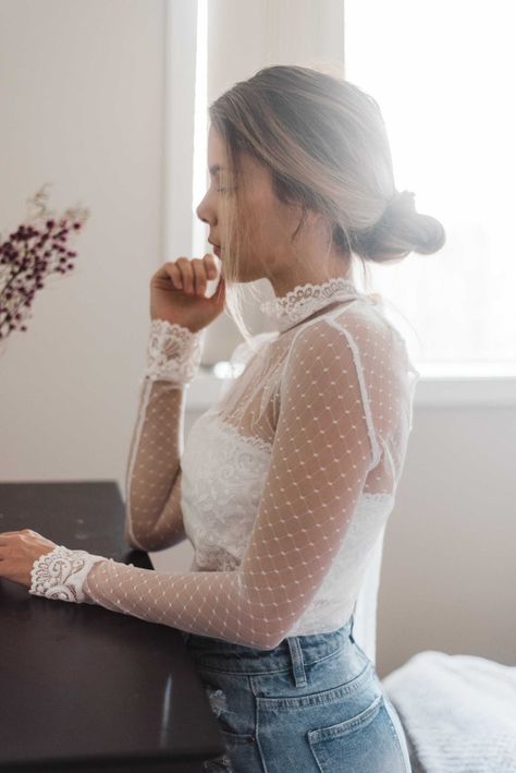 Tulle Shirt Blouses Outfit, White Sheer Top Outfit, White Mesh Top Outfit, Sheer Tops For Women, Bridal Crop Top, Lingerie As Outerwear, White Mesh Top, Tulle Blouse, Lace Bandeau Bra