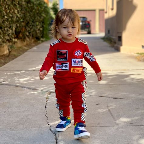 Recreate this easy DIY kids race car driver costume by starting with super soft Primary basics. Shop solid color basics for kids & baby all under $25! Quick Diy Halloween Costumes, Race Car Outfit, Race Car Costume, Cars Halloween Costume, Race Car Driver Halloween Costume, Two Fast Two Furious, Race Car Driver Costume, Nascar Costume, Racer Costume