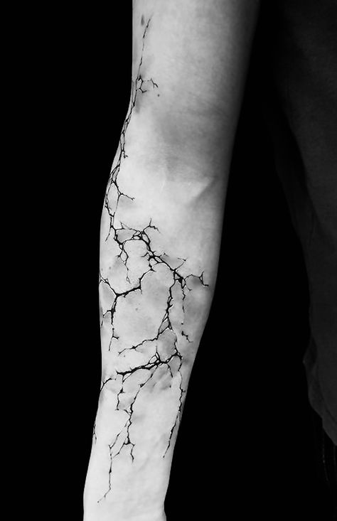 Cracked Stone Tattoo, Skin Cracking Tattoo, Cracking Skin Tattoo, Cracked Earth Tattoo, Cracks Tattoo Design, Track Marks On Arm, Tattoo Cracked Skin, Decay Tattoo Ideas, Shattered Tattoo Designs