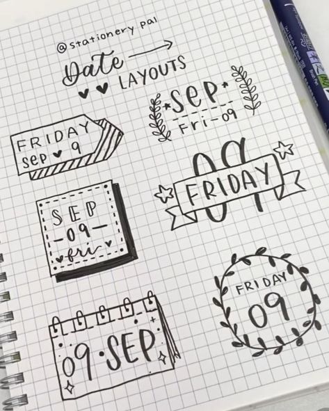 Journal Date Ideas, Date Doodles Journal Ideas, Date Doodles, Calendar Doodles Ideas, Date Doodle, Journal Doodles Aesthetic, Bullet Jornel Idea, Bullet Journal Title Ideas, Bullet Journal Headings