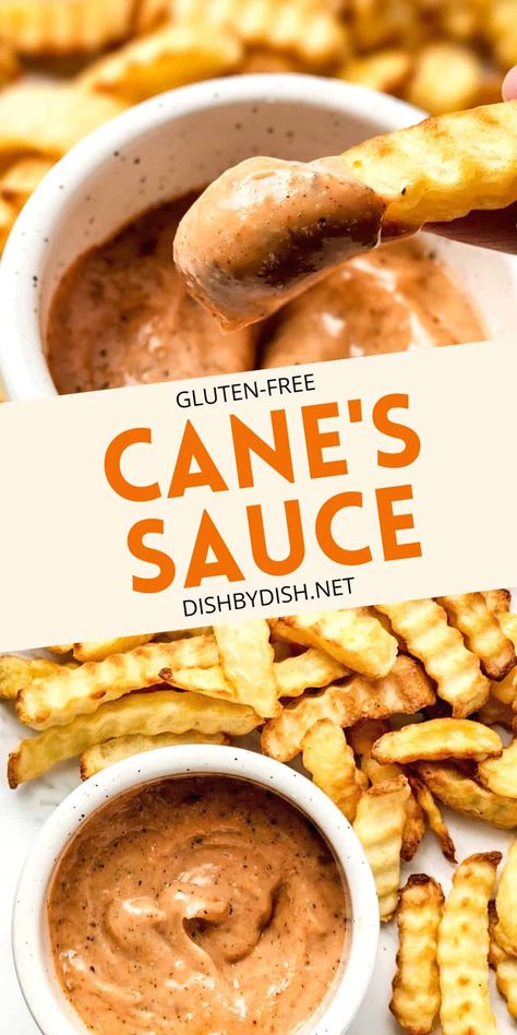 Tangy with a hint of sweet and spicy all at once, this copycat Raising Cane's sauce recipe is the perfect dipping sauce - for chicken fingers, chicken tenders or fries! Learn how to make this DIY Cane's sauce at home in just minutes! Totally gluten-free and dairy-free too. Raising Cane Sauce Recipe, Spicy Sauce Recipe, Secret Sauce Recipe, Canes Sauce, Gluten Free Sauces, Dipping Sauces For Chicken, Homemade Sauce Recipes, Chicken Fingers, Sauce For Chicken