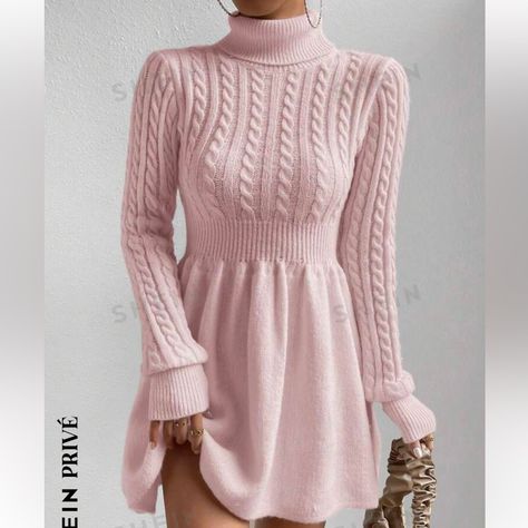 Priv Cable Knit Turtleneck Pink Mini Sweater Dress Never Worn Turtleneck Dress, Sweater Dresses, Pink Sweater Outfit Winter, Warm Winter Dresses, Pink Wardrobe, Burgundy Midi Dress, Winter Sweater Outfits, Venus Fashion, Knit Dress Pattern