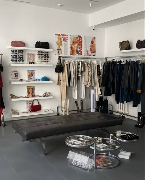 Closet That Looks Like A Store, Boutique Sitting Area, Fashion Room Aesthetic, Glam Room Aesthetic, Content Room, Colorful Y2k, Beauty Closet, Wardrobe Room, Unique Interior Design