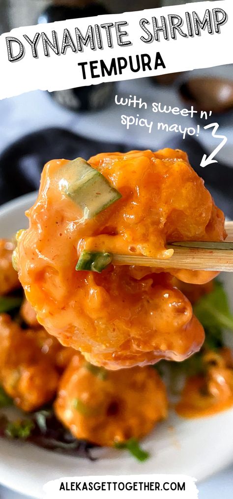 Close up of dynamite shrimp using chopsticks. Mayo Shrimp Chinese, Popcorn Shrimp Meal Ideas, Tempura Shrimp Meals, Shrimp Mayo Recipes, Recipes With Spicy Mayo, Tempura Shrimp Dipping Sauce, Pf Chang Shrimp Dynamite Recipe, Dynamite Shrimp Bowl, Dynamite Shrimp Sauce