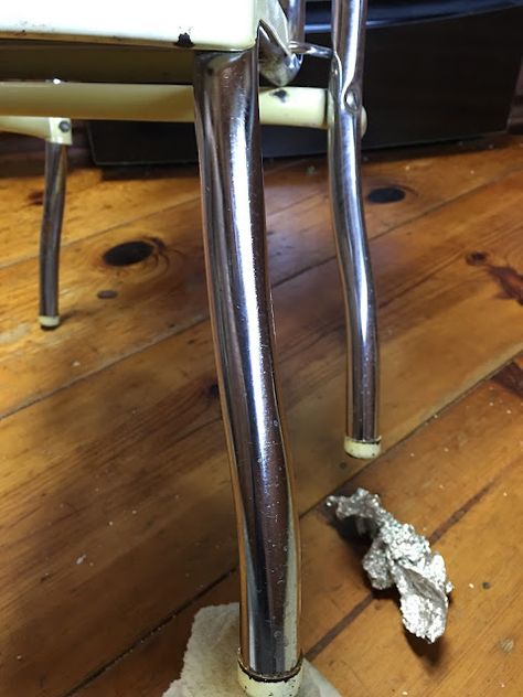 Vintage Metal Stool Restoration. How to remove rust from chrome. Chrome Spray Paint On Metal, How To Remove Rust From Chrome, Refurbished Bar Stools, Metal Step Stool, Chrome Spray Paint, How To Clean Aluminum, Bar Stool Makeover, How To Make Metal, Metal Stools