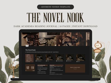 Notion Reading Journal, Dark Academia Notion Digital Reading Journal Template, Journal Template Aesthetic, Dark Academia Notion Template, Dark Academia Reading, Journal Dark Academia, Dark Academia Notion, Reading Journal Template, Academia Notion, Journal Notion