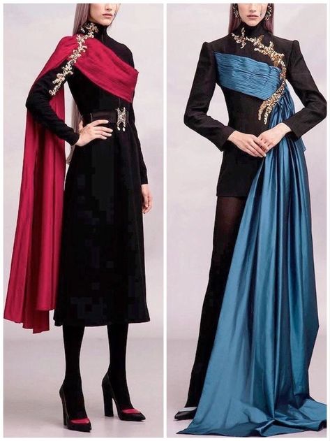 Queen Dress With Cape, Winter Formal Dresses Elegant, Colorful Fashion Runway, Unique Outfit Designs, Feminine Fantasy Outfits, Modern Fantasy Clothing Casual, Dnd Style Clothes, Fantasy Traditional Clothing, Villainess Outfit Ideas