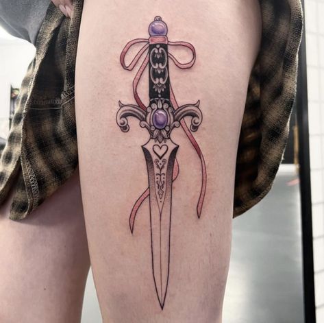 Cute Dagger Tattoo, Dagger Reference, Daggar Tattoo, Thigh Tattoo Ideas, Butterfly Thigh Tattoo, Gem Tattoo, Flower Thigh Tattoos, Mystical Tattoos, Tattoo Thigh