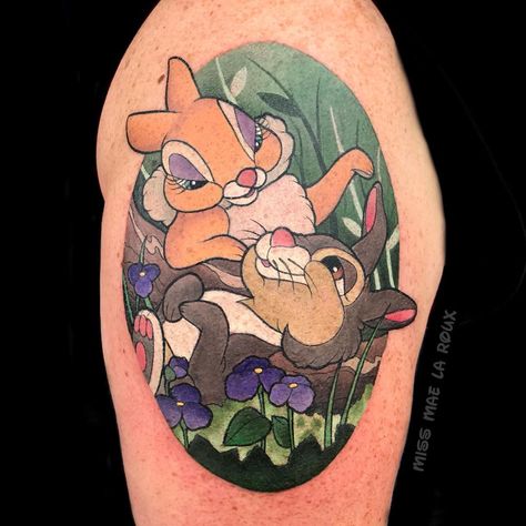 Mae La Roux on Instagram: “Kicking off Michigan with some bunny love ❤️ #MissMaesYearOfMagic #michigan #missmae #bambi #bambitattoo #thumper #missbunny #hiddenmickey…” Thumper And Miss Bunny Tattoo, Flower Bambi Tattoo, Thumper Tattoo Ideas, Miss Bunny Tattoo, Thumper Tattoo, Bambi Tattoo, 24 Tattoo, Tat Inspiration, Rare Tattoos