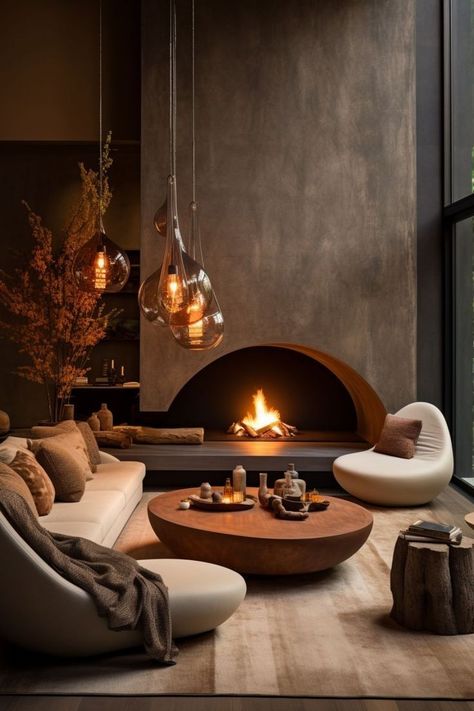 Unique Fireplace Design, Low Sitting Living Room, Mediterranean Fireplace Ideas, Stone Wall With Fireplace, Wood Stove Living Room, Japanese Fireplace, Spa Fireplace, Japandi Fireplace, Scandinavian Fireplace Ideas