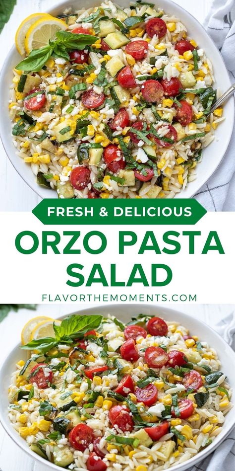 Orzo Pasta Salad is summer in a bowl! It's packed with corn, cherry tomatoes, zucchini and basil, and it's tossed in a tangy lemon salad dressing. It's an easy side dish recipe that's perfect for barbecues and potlucks! #vegetarian #summer #pastasalad Lemon Orzo Pasta Salad, Lemon Orzo Pasta, Lemon Salad Dressing, Lemon Recipes Easy, Lemon Salad Dressings, Tomato Pasta Salad, Lemon Salad, Lemon Orzo, Vegetarian Salad