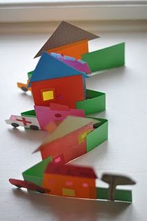 zig zag houses 3-d paper Cardboard Houses, House Models, 2nd Grade Art, 3d House, Elementary Art Projects, Bike Path, Kindergarten Art, Art Lessons Elementary, School Art Projects